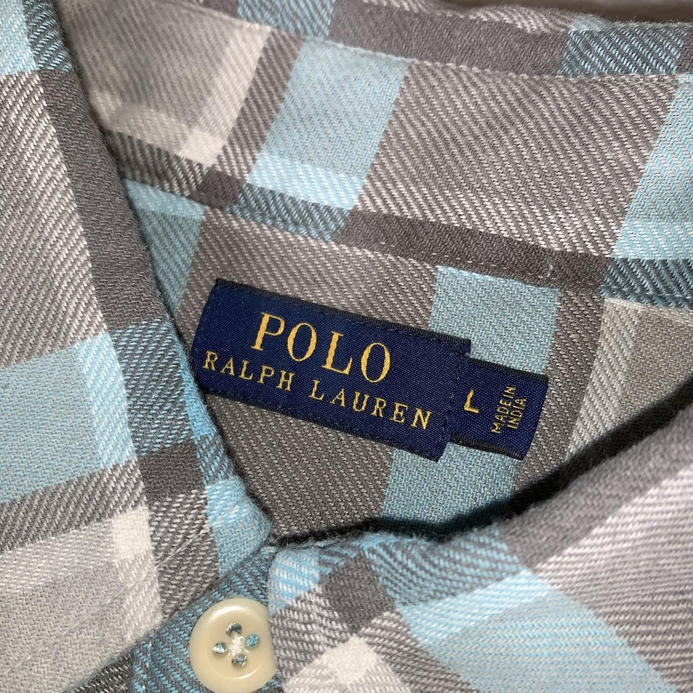 Polo Ralph Lauren Shirt Womens L Gray Blue Plaid Flannel Long Sleeve 2 Pockets - Picture 2 of 12